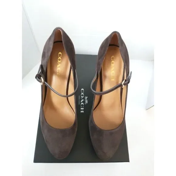 New! COACH Women's Mary Jane Platform Pumps Brown Suede Heels Shoes Chunky Heels - Picture 5 of 8